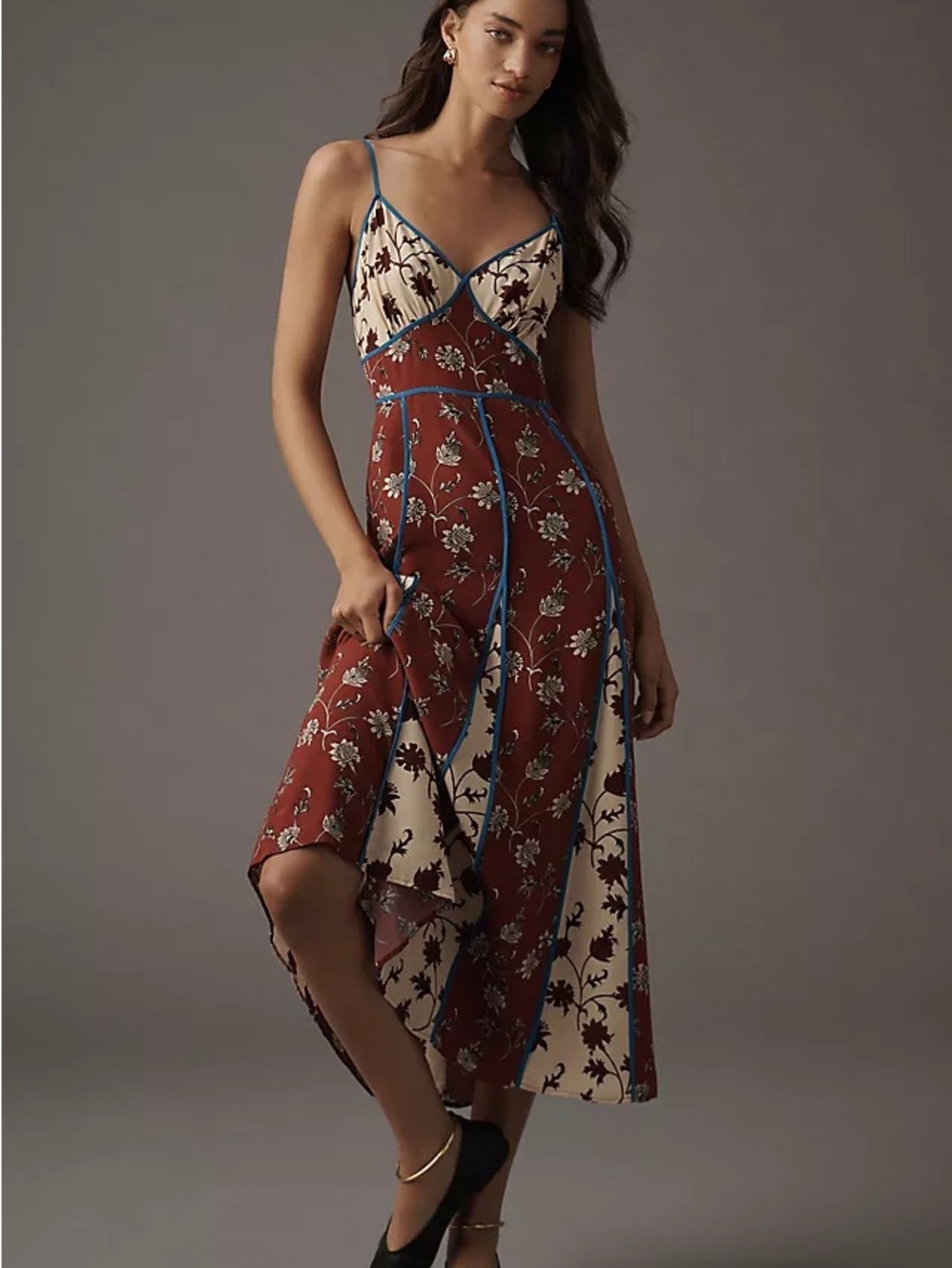 Floral Print Spaghetti-Strap Midi Dress in Rust and Cream